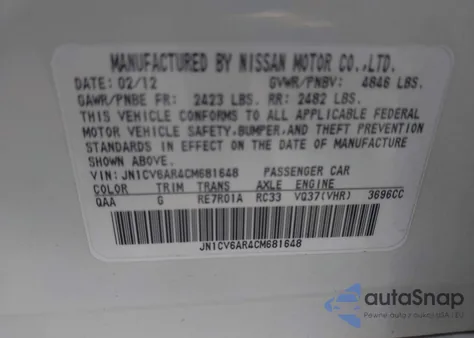 2012 Infiniti G37X z USA, uszkodzony, nr VIN JN1CV6AR4CM681648